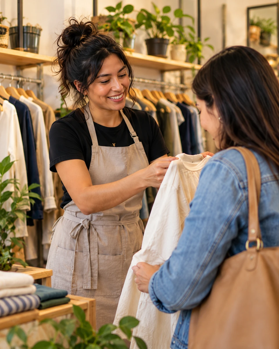 Una emprendedora atiende a una clienta en su tienda de ropa